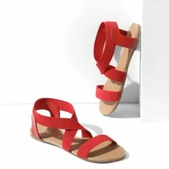 Elastic Ankle Strap Flat Sandals RED -DREAM PAIRS Sales 4 10
