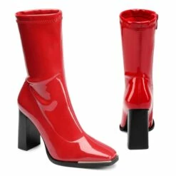 Chunky Square Toe Mid Calf Boots RED PU -DREAM PAIRS Sales 4 100