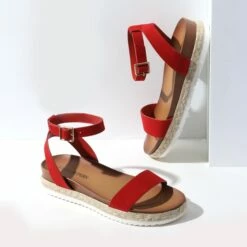 Open Toe Ankle-Strap Espadrille Platform Sandals RED SUEDE -DREAM PAIRS Sales 4 22