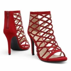 Strappy Stiletto Rhinestone Sandals RED