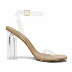 Women's Square Toe Clear Chunky Heel Sandals NUDE CLEAR