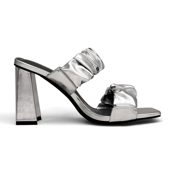 Women's Square Toe Strap Chunky Heel Mules SILVER 7 Women's Square Toe Strap Chunky Heel Mules SILVER - Image 5