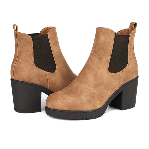 Chunky High Heel Chelsea Ankle Boots CAMEL PU 6 Chunky High Heel Chelsea Ankle Boots CAMEL PU - Image 4