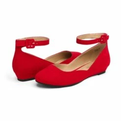 Comfortable Ankle Strap Low Wedge Flats RED SUEDE
