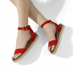 Open Toe Ankle-Strap Espadrille Platform Sandals RED SUEDE -DREAM PAIRS Sales 5 18