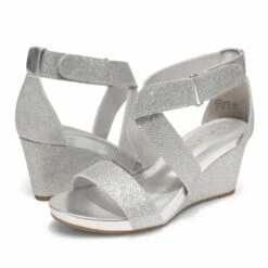 Elastic Ankle Strap Wedge Sandals SILVER GLITTER