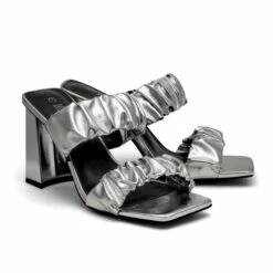 Women's Square Toe Strap Chunky Heel Mules SILVER