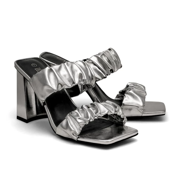 Women's Square Toe Strap Chunky Heel Mules SILVER 3 Women's Square Toe Strap Chunky Heel Mules SILVER