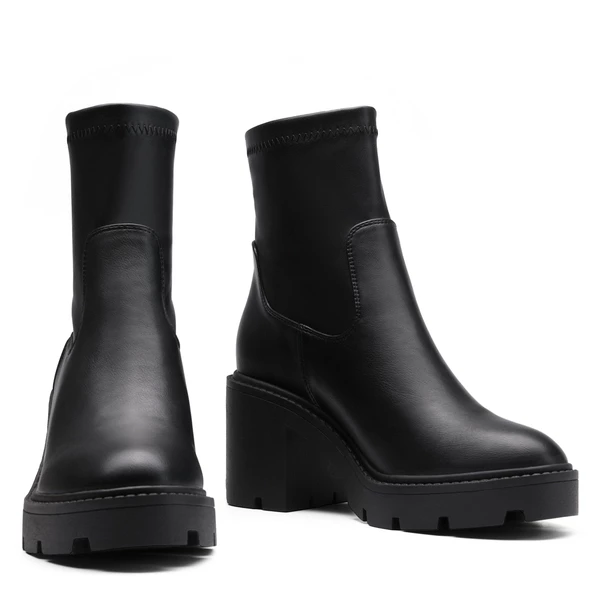 Elastic Chunky Heel Lug Sole Booties BLACK PU 7 Elastic Chunky Heel Lug Sole Booties BLACK PU - Image 5